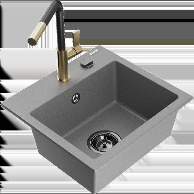 Milo кухненска мивка от гранит с 1 отделение с кухненски смесител Flora, сив - 6505-71-670401-57-B (6505-71-670401-57-B)
