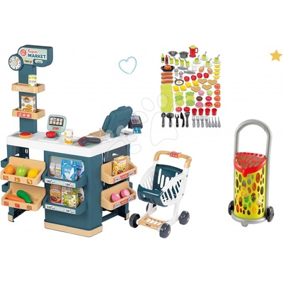 Smoby Set obchod elektronický s váhou a skenerom Super Market a potraviny s riadom a nákupný vozík