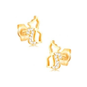 Šperky eshop náušnice zo žltého zlata lesklý obrys mačky so zirkónovým chvostíkom GG211.02