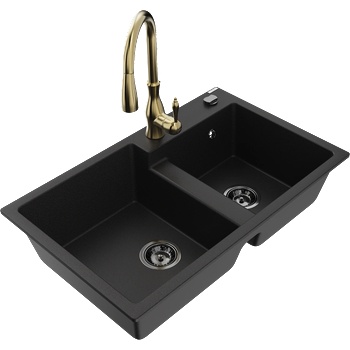 Mexen Tomas гранитна кухненска мивка с 2 камери с кухненски смесител Savita, черен - 6516-77-672601-50-B (6516-77-672601-50-B)