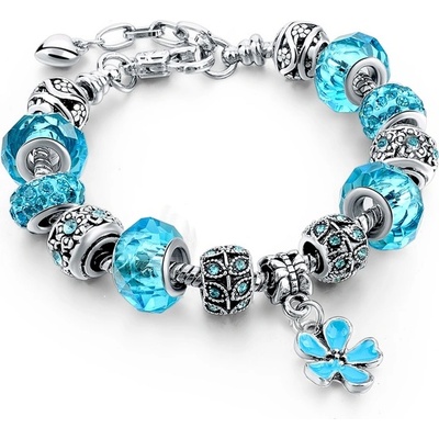 Посребрена дамска гривна със сини кристали и цвете