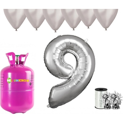 HeliumKing Helium párty set na 9. narozeniny se stříbrnými balónky