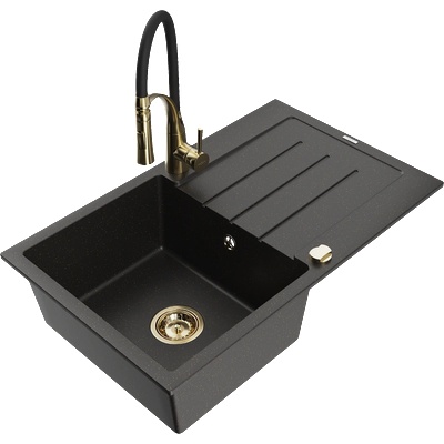 Mexen Bruno гранитна мивка с едно корито и отцедник и кухненски смесител Aster, черен/златен металик - 6513-75-73450-57-G (6513-75-73450-57-G)