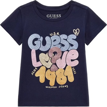 GUESS Тъмно синя тениска с къс ръкав с цветни надписи и глитери за момиче Guess