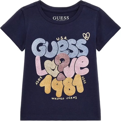 GUESS Тъмно синя тениска с къс ръкав с цветни надписи и глитери за момиче Guess