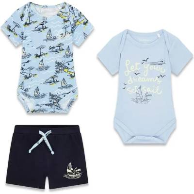 Guess Две къси бодита в светло синьо с щампи и къси тъмносини панталонки за бебе момче Guess