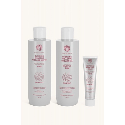 EPIDERMA® Bioaktivní micelární voda při akné 300 ml + krém při ekzému 50 ml + CBD sprchový gel 300 ml + krém při akné 30 ml sada