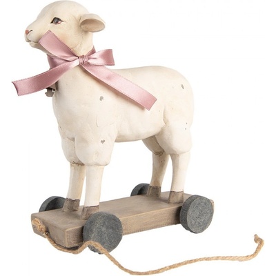 Clayre & Eef Béžová dekorace ovečka s mašlí kolem krku na kolečkách 17*9*20 cm – Zboží Mobilmania