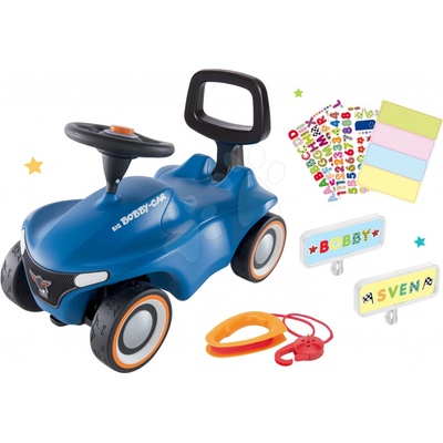 BIG Set Bobby Car Neo modré zvukové s 3vrstvými gumovými koly a s opěrkou a vodítko s SPZ
