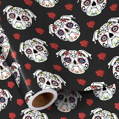 Darčekový baliaci papier 43 cm x 5 m Halloween buldog lebka