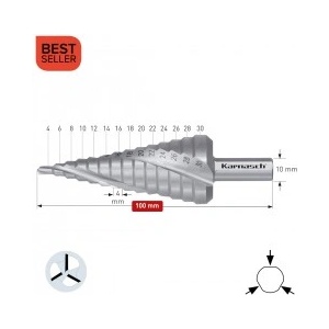 Karnasch Стъпално свредло Ø 4-30 mm (x 4 mm), HSS-XE без покритие, 3x спирален канал, BESTSELLER (1427)