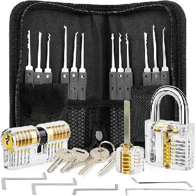 Mobilly комплект шперцове LockPick 15в1 + 3x прозрачен тренировъчен катинар, черен