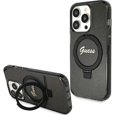 GUESS Кейс Guess Ring Stand Script Glitter MagSafe за iPhone 15 Pro Max, черен (3666339156350)