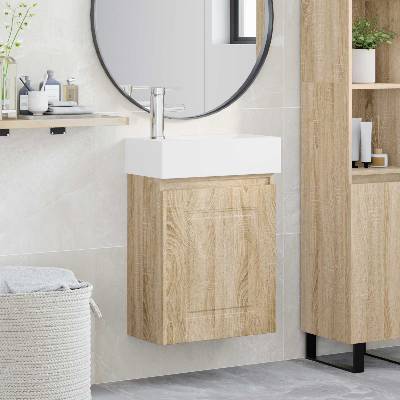 vidaXL Мивка за баня със смесител Дъб сонома 45, 5 x 22, 5 x 84 см (889463)