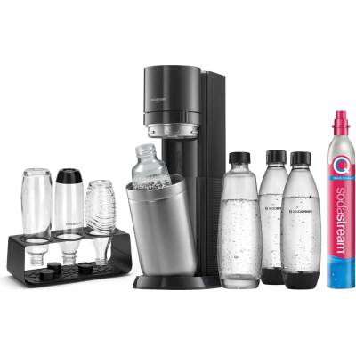 SodaStream water soda maker DUO Comfort set with Quick-Connect CO2 cylinder | Includes 2x 1L glass bottle, 2x 1L FUSE plastic bottle (dishwasher safe) and bottle drainer | Color: titanium - 1100463490