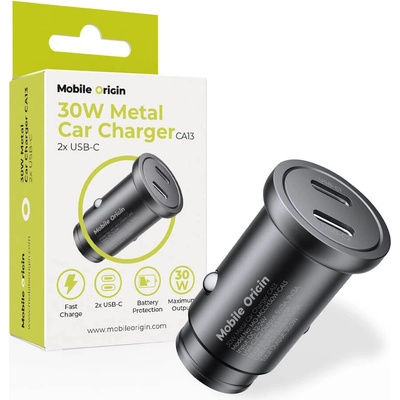 Mobile Origin Зарядно за кола с 2xUSB-C изхода с технология за бързо зареждане - Mobile Origin CA13 Metal Quick Car Charger 30W (черен) (MO-MCCH30W-CA13)