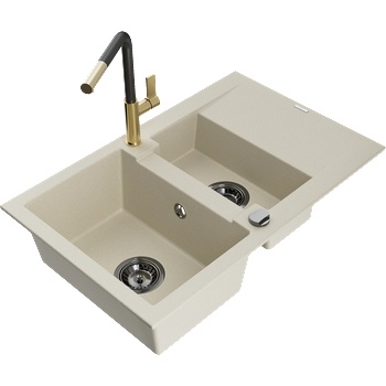 Mexen Gaspar гранитна мивка с 1, 5 камери с отцедник и кухненски смесител Flora, бежов - 6507-69-670401-57-B (6507-69-670401-57-B)