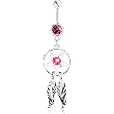 Šperky eshop piercing do pupíku z oceli lapač snů pentagram fuchsiový a růžový zirkon SP34.01