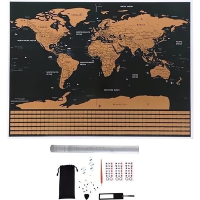 Malatec 23442 Veľká Stieracia mapa sveta s vlajkami 82 x 59 cm + príslušenstvom čierna