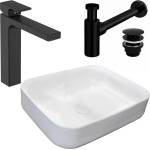 Rea Пакет умивалник за плот Rea Demi Slim бяло 51 см, смесител Hansgrohe Vernis Shape 190 черно и вентил Click-Clack черно (5902557327355+71591670+5902557345298)