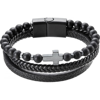 Evolution Group Náramek pánský koženka a korálky s křížkem 43044.3 černý 23 cm