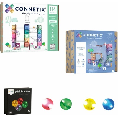 Connetix Tiles Guličkodráha PASTEL (114 ks) + rozšírenie (80 ks) + svietiace guličky MAMIS