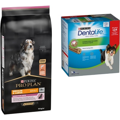 7 кг/ 12 кг / 14 PURINA PRO PLAN + Purina Dentalife лакомства! - Medium & Large Adult 7+ Sensitive Skin OPTIDERMA 24 броя за средноголеми кучета