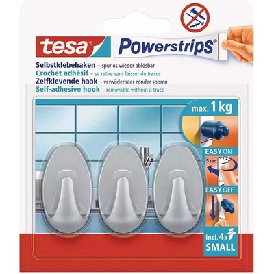 tesa® Powerstrips Malé oválné háčky Barva: bílá, Rozměr: 44,5mm x 17,0mm x 25,5mm, Doplňující informace: 3 háčky + 4 malé proužky