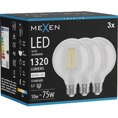 Mexen Vintis 3x LED нажежаема жичка крушка E27, G95, 10W, неутрална - 4000K, 1320 lm, (L157-E27-1040-00x03)