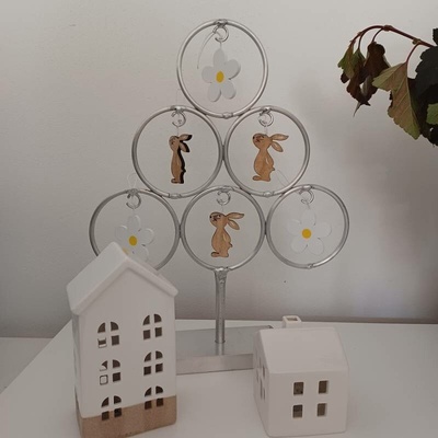 DECOLED Veľkonočná drevená dekorácia, kvetina a zajac, 12ks/bal.