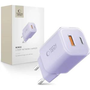 Tech-Protect NCM33 мрежово зарядно устройство 2 порта PD 33W / QC3.0 бебешко лилаво
