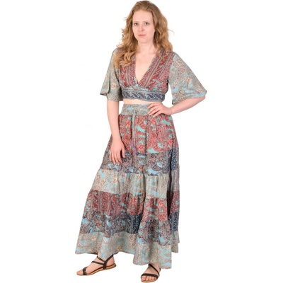 Sanu Babu Dlouhé dvoudílné šaty s krátkým rukávem modro-růžové guma v pase potisk AJ M Modrá – Hledejceny.cz