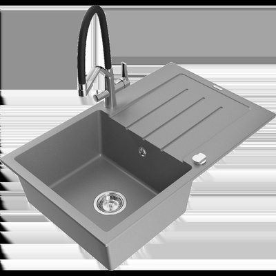 Bruno гранитна кухненска мивка с 1 корито с отцедник и кухненски смесител Duo, сив - 6513-71-671701-07 (6513-71-671701-07)