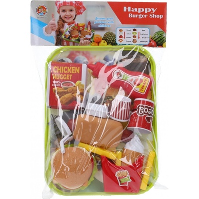 Wiky Fast Food s táckem hamburger hranolky párek v rohlíku zmrzlina nápoj kečup kuřecí nugety vidlička nůž