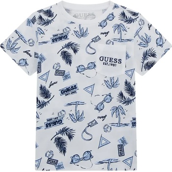 GUESS Бяла тениска с палми и детайли в светло синьо за мини момче Guess
