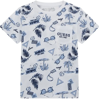 GUESS Бяла тениска с палми и детайли в светло синьо за мини момче Guess