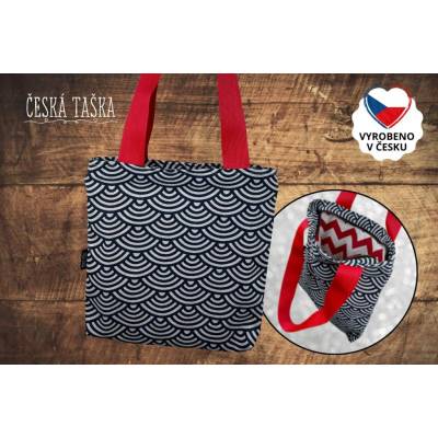 Česká Taška Taškokabelka WAVE blue L ručně šitá Česká Taška s červenou zigzag podšívkou a zipem 38×38 cm