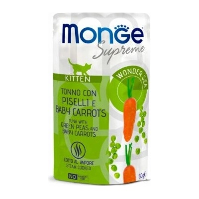 MONGE SUPREME Kitten FLAKES tuňák/hrášek/baby karotka 80 g 24 bal