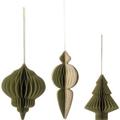 Bloomingville Závěsná vánoční dekorace Tinkle Green set 3 ks, zelená barva, papír
