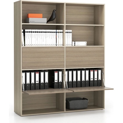 Plan Široký kancelársky policový regál LAYERS, 4 boxy, 1582 x 400 x 1905, dub prírodný / dub morený