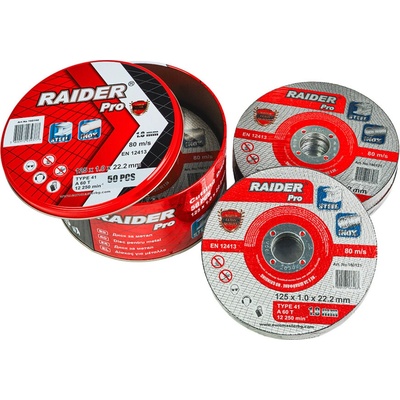 Raider (Аccessories) Диск за метал 125x1.0x22.2 mm A60T INOX RDP - 50 бр. в метална кутия (160160)