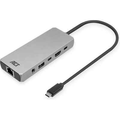 Докинг станция ACT AC7095, от USB-C към 1x USB-C (PD), 1x USB-C, 1x USB-A. 1x HDMI, 1x AUX, 1x RJ45, сива (AC7095)