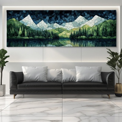 Obraz na plátně - Sněžné vrcholy nad lesním jezerem FeelHappy.cz Vyberte rozměr obrazu (šířka x výška): 240 x 80 cm
