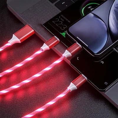 Bomba LED svietiaci rýchlonabíjací data USB kábel 3v1 pre iPhone/Android 1,2M červený STY082/RED