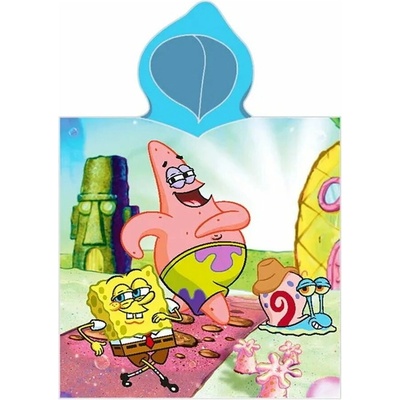 Carbotex Detské plážové pončo bavlnená osuška s kapucňou SpongeBob a Patrik 55 x 110 cm