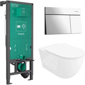 Rune Казанче за вграждане Hansgrohe iFrame 112 см с бутон iFrame Element E, гланциран хром, плюс бяла тоалетна чиния Rune Ivaldi Grande с капак softclose (01022180+66003000+5940541334477)