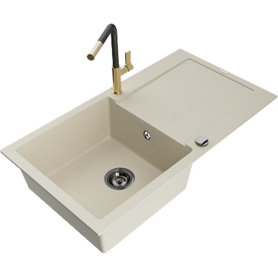 Mexen Leo кухненска мивка от гранит с 1 отделение с отцеждач и кухненски смесител Flora, бежов - 6501-69-670401-57-B (6501-69-670401-57-B)