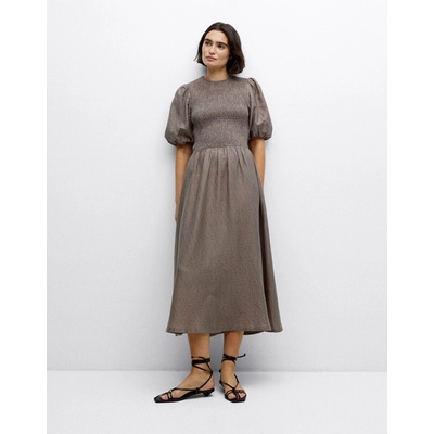 Yerse Long Puffed-Sleeve Dress kaki