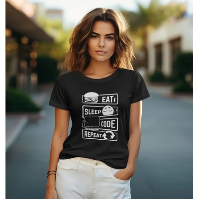 Bullshirt.sk Dámske tričko Eat Sleep Code Repeat Čierna