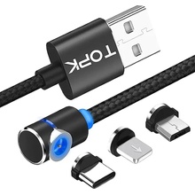 TOPK MG90BK1 magnetický USB 3v1, 90° USBC, micro USB, lightning, 2,4A, 1m, černý